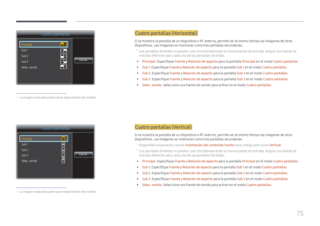 Samsung LH65QMFPLGC/EN, LH55QMFPLGC/EN, LH49QMFPLGC/EN manual Cuatro pantallas Horizontal, Cuatro pantallas Vertical 