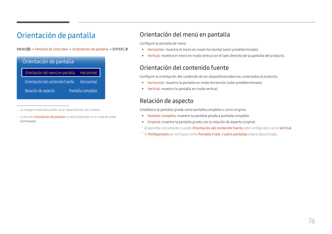 Samsung LH55QMFPLGC/EN manual Orientación de pantalla, Orientación del menú en pantalla, Orientación del contenido fuente 