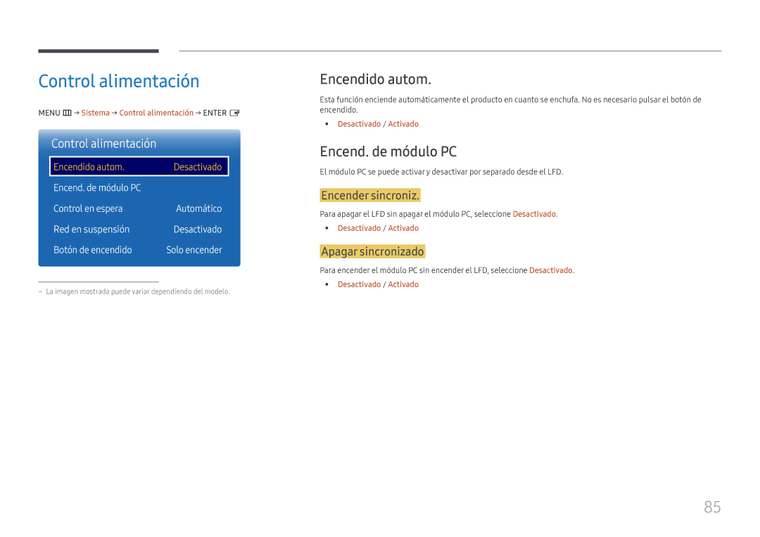 Samsung LH55QMFPLGC/EN, LH65QMFPLGC/EN, LH49QMFPLGC/EN manual Control alimentación, Encendido autom, Encend. de módulo PC 