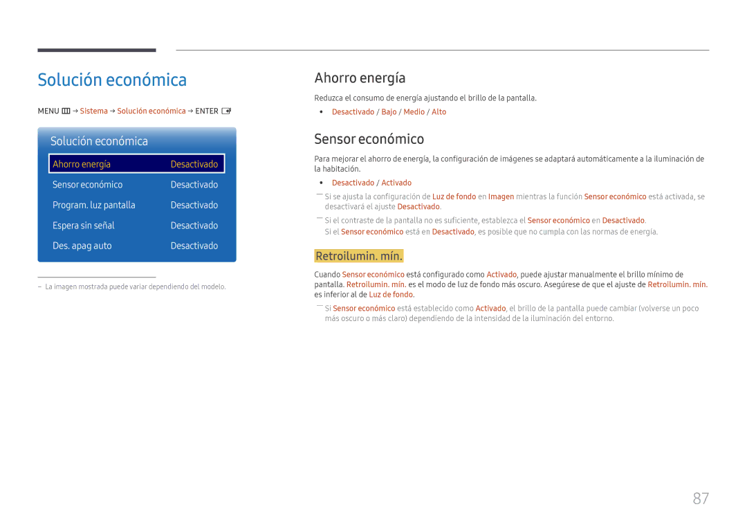 Samsung LH65QMFPLGC/EN, LH55QMFPLGC/EN manual Solución económica, Ahorro energía, Sensor económico, Retroilumin. mín 