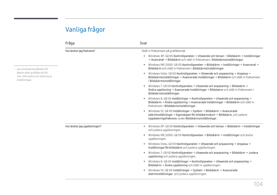 Samsung LH49QMFPLGC/EN, LH65QMFPLGC/EN, LH55QMFPLGC/EN manual Vanliga frågor, 104, Fråga Svar 