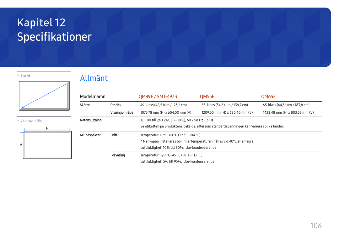 Samsung LH55QMFPLGC/EN, LH65QMFPLGC/EN, LH49QMFPLGC/EN manual Specifikationer, 106 