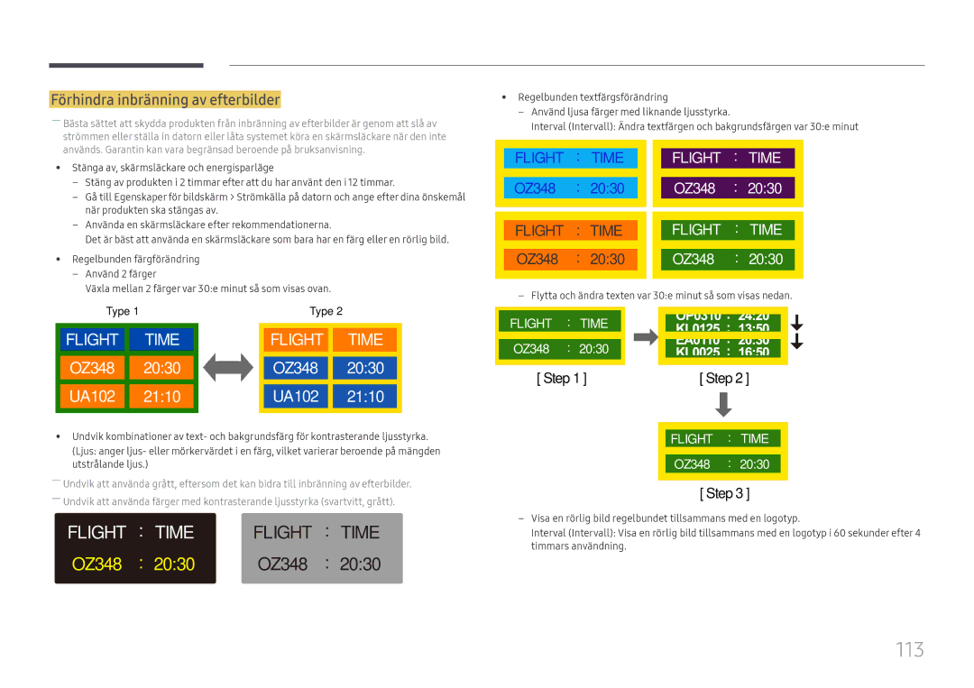 Samsung LH49QMFPLGC/EN, LH65QMFPLGC/EN, LH55QMFPLGC/EN manual 113, Förhindra inbränning av efterbilder 