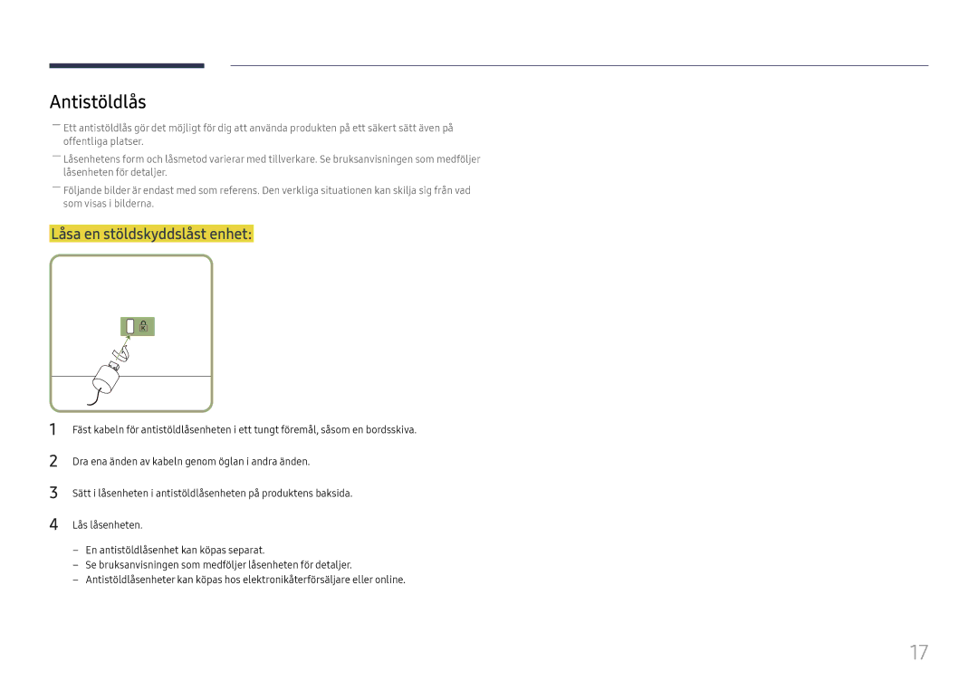 Samsung LH49QMFPLGC/EN, LH65QMFPLGC/EN, LH55QMFPLGC/EN manual Antistöldlås, Låsa en stöldskyddslåst enhet 