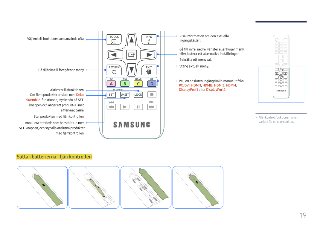 Samsung LH55QMFPLGC/EN, LH65QMFPLGC/EN manual Sätta i batterierna i fjärrkontrollen, Välj enkelt funktioner som används ofta 