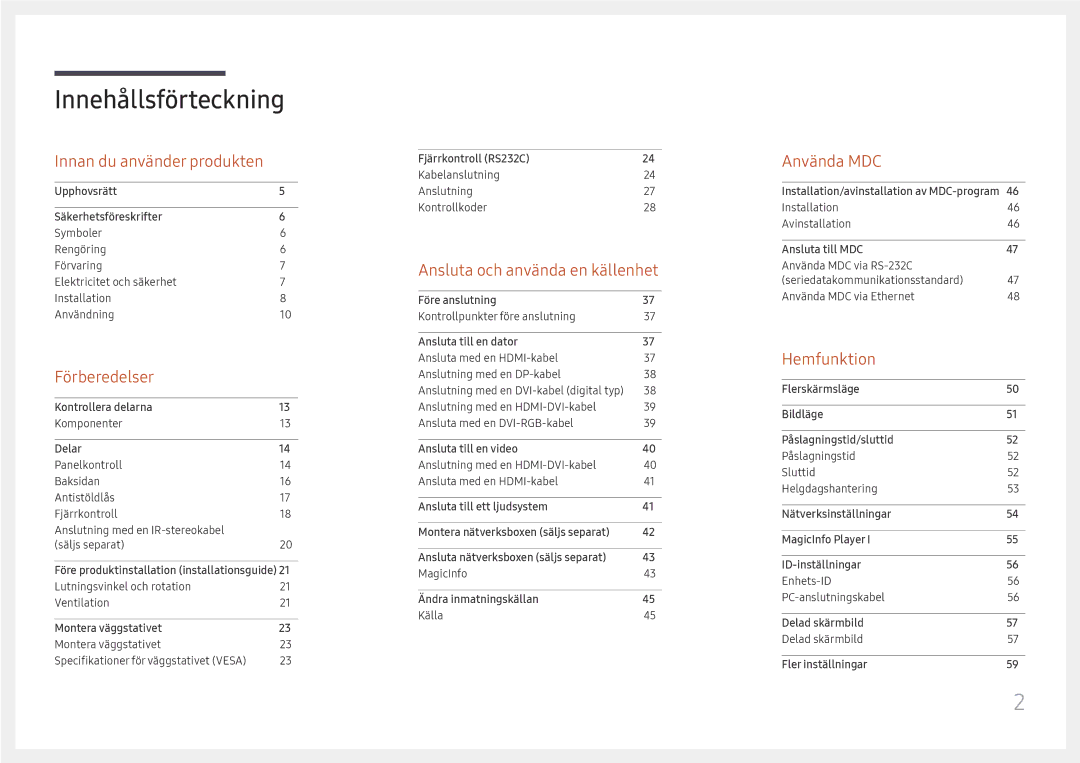 Samsung LH49QMFPLGC/EN, LH65QMFPLGC/EN, LH55QMFPLGC/EN manual Innehållsförteckning 