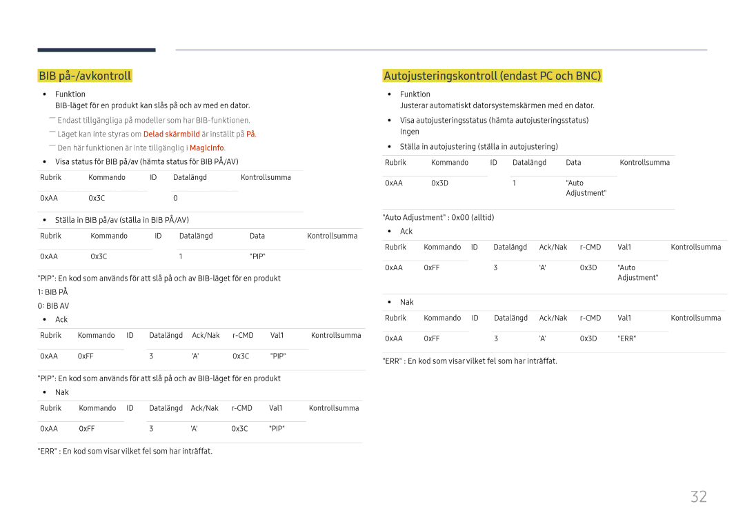 Samsung LH49QMFPLGC/EN, LH65QMFPLGC/EN, LH55QMFPLGC/EN manual BIB på-/avkontroll, Autojusteringskontroll endast PC och BNC 