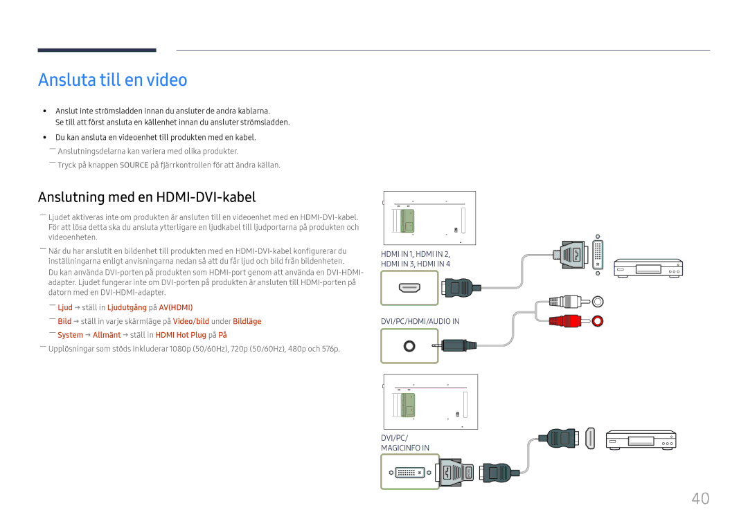 Samsung LH55QMFPLGC/EN, LH65QMFPLGC/EN, LH49QMFPLGC/EN manual Ansluta till en video, ――Ljud → ställ in Ljudutgång på Avhdmi 