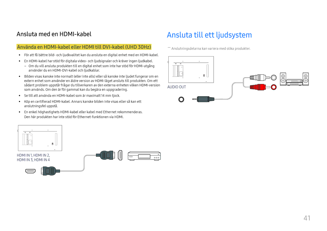 Samsung LH49QMFPLGC/EN manual Ansluta till ett ljudsystem, Använda en HDMI-kabel eller Hdmi till DVI-kabel UHD 30Hz 