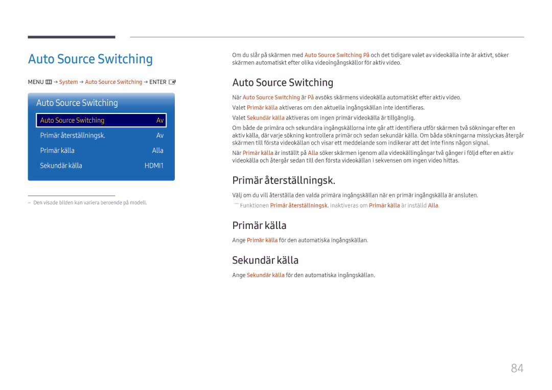 Samsung LH65QMFPLGC/EN, LH55QMFPLGC/EN manual Auto Source Switching, Primär återställningsk, Primär källa, Sekundär källa 