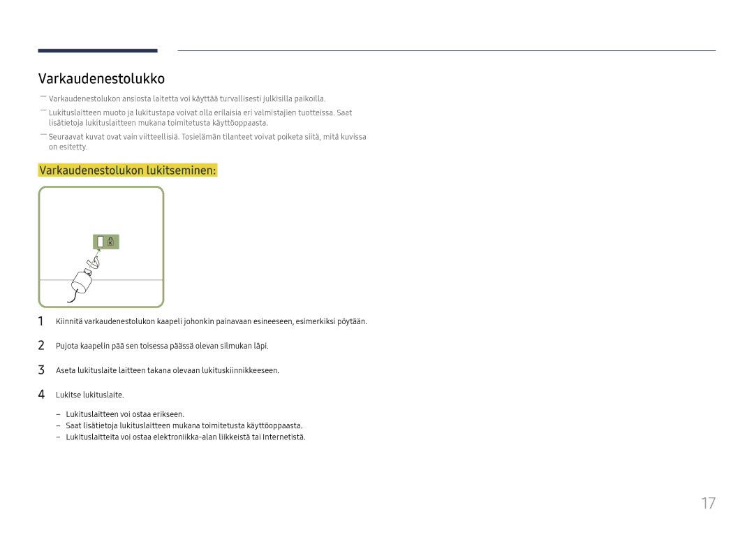 Samsung LH49QMFPLGC/EN, LH65QMFPLGC/EN, LH55QMFPLGC/EN manual Varkaudenestolukko, Varkaudenestolukon lukitseminen 