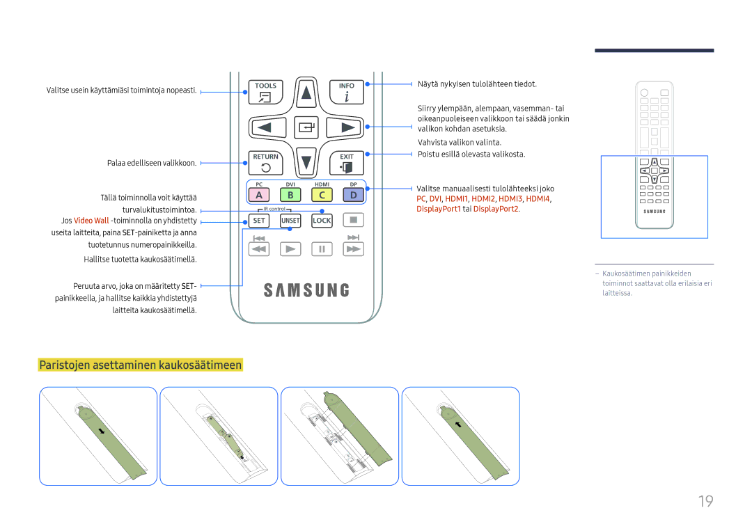 Samsung LH55QMFPLGC/EN manual Paristojen asettaminen kaukosäätimeen, Valitse usein käyttämiäsi toimintoja nopeasti 