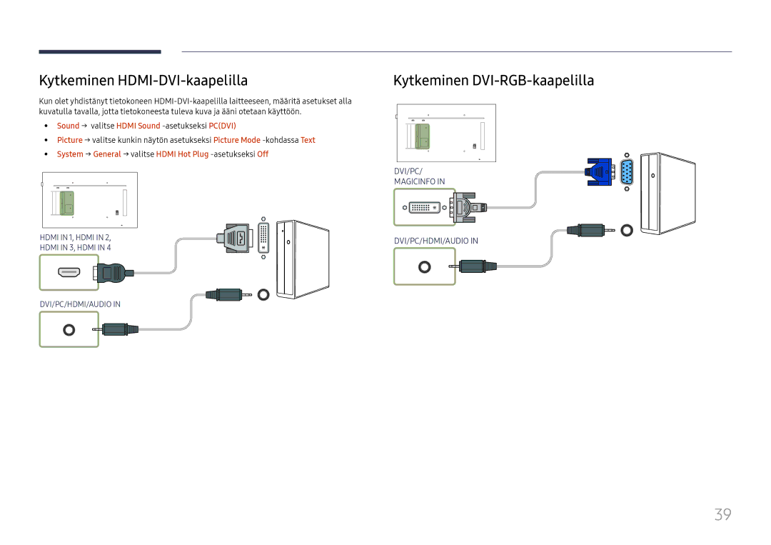 Samsung LH65QMFPLGC/EN, LH55QMFPLGC/EN, LH49QMFPLGC/EN manual Kytkeminen HDMI-DVI-kaapelilla, Kytkeminen DVI-RGB-kaapelilla 