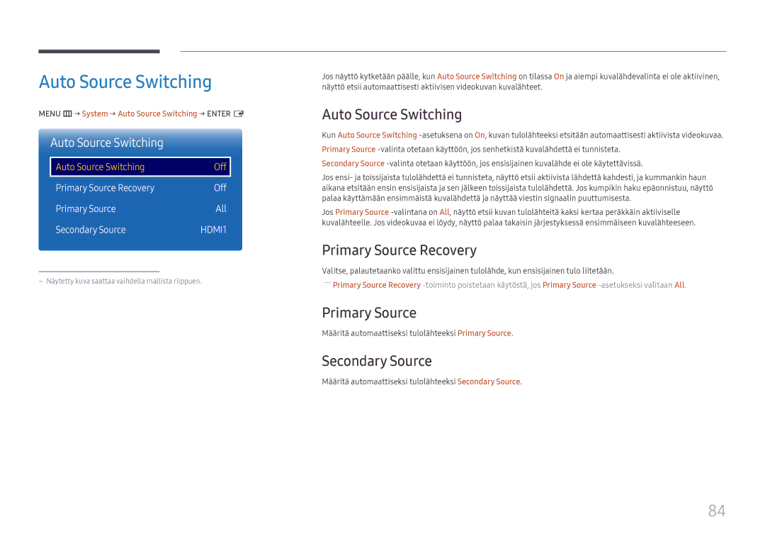 Samsung LH65QMFPLGC/EN, LH55QMFPLGC/EN, LH49QMFPLGC/EN Auto Source Switching, Primary Source Recovery, Secondary Source 