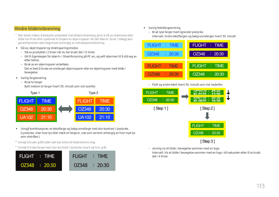 Samsung LH49QMFPLGC/EN, LH65QMFPLGC/EN, LH55QMFPLGC/EN manual Flight Time, Hindre bildeinnbrenning 