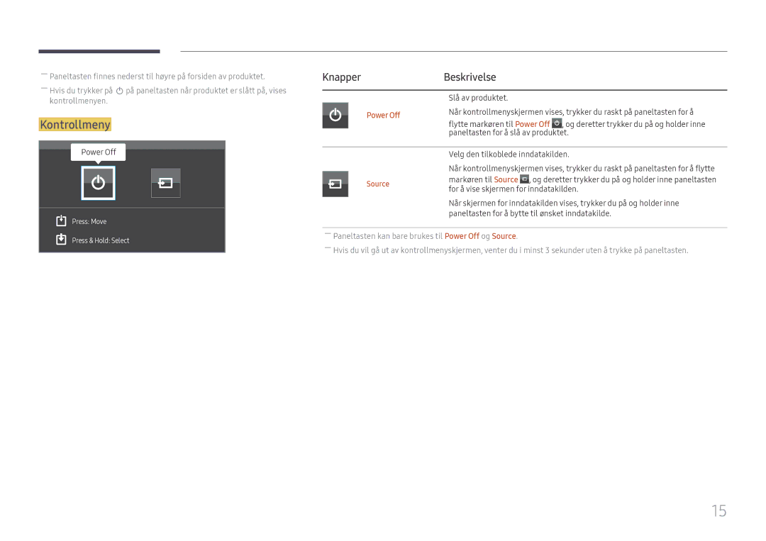 Samsung LH65QMFPLGC/EN, LH55QMFPLGC/EN, LH49QMFPLGC/EN manual Kontrollmeny, Beskrivelse, Power Off 