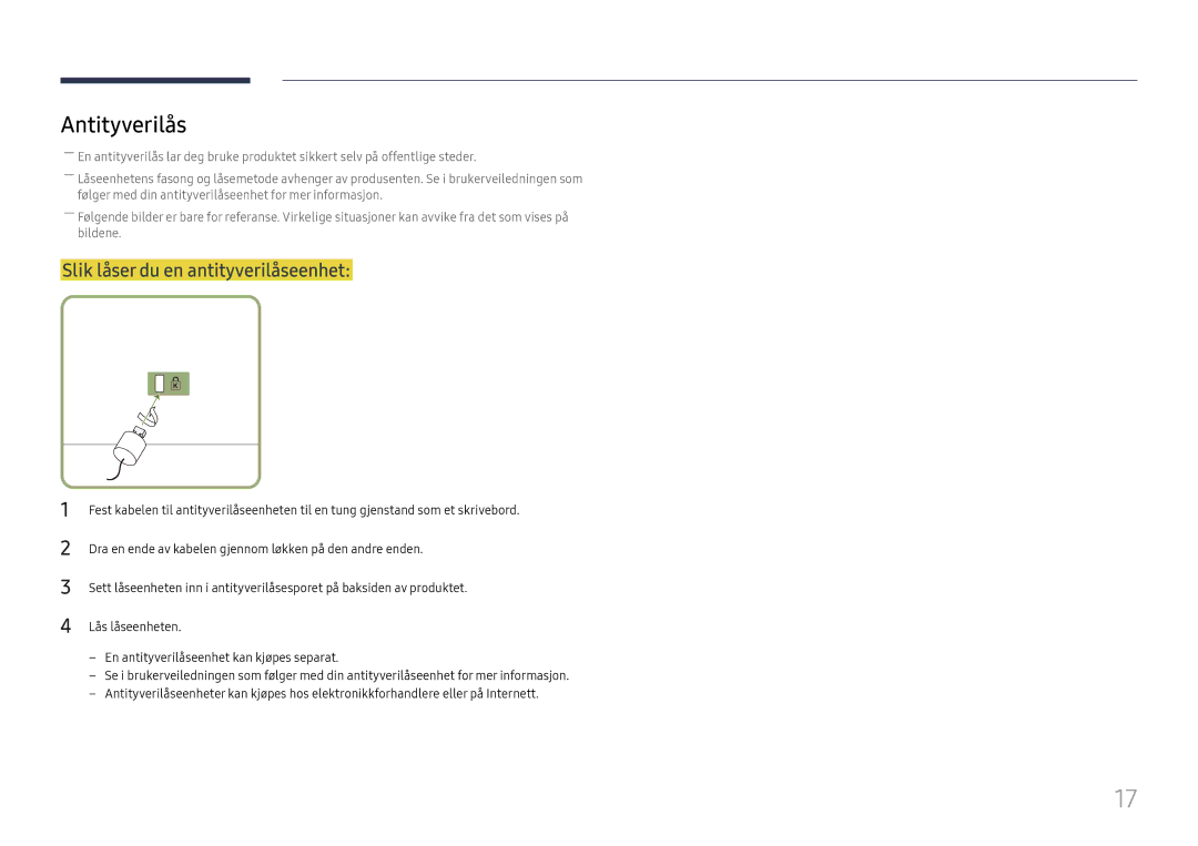 Samsung LH49QMFPLGC/EN, LH65QMFPLGC/EN, LH55QMFPLGC/EN manual Antityverilås, Slik låser du en antityverilåseenhet 