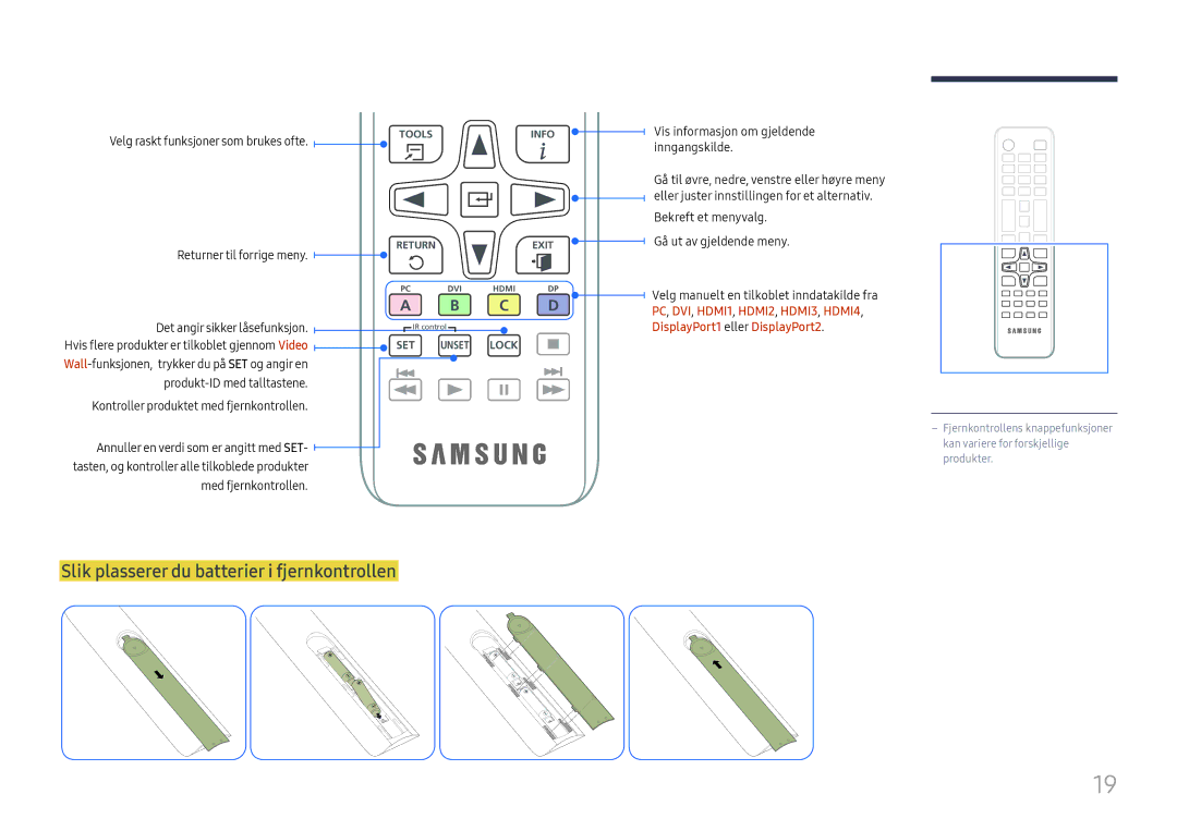 Samsung LH55QMFPLGC/EN manual Slik plasserer du batterier i fjernkontrollen, Velg raskt funksjoner som brukes ofte 