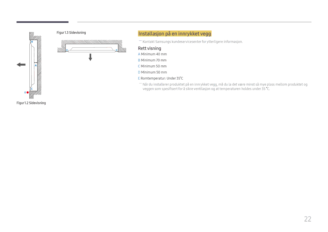 Samsung LH55QMFPLGC/EN, LH65QMFPLGC/EN, LH49QMFPLGC/EN manual Installasjon på en innrykket vegg, Rett visning 