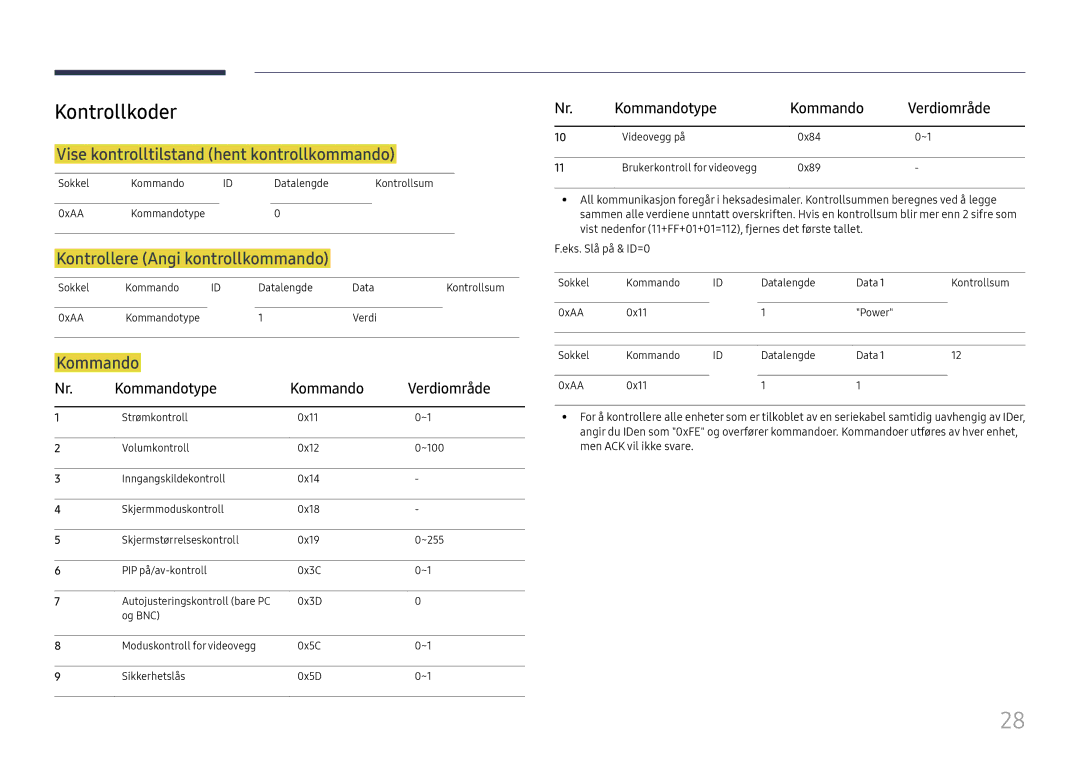 Samsung LH55QMFPLGC/EN manual Kontrollkoder, Vise kontrolltilstand hent kontrollkommando, Kontrollere Angi kontrollkommando 