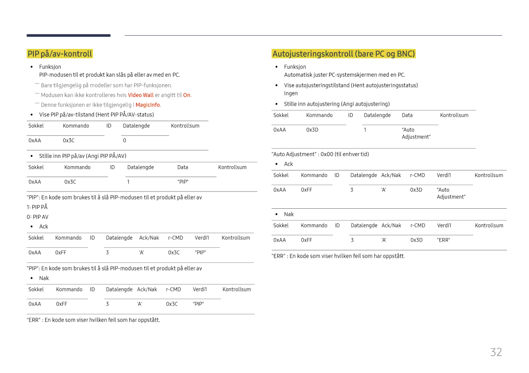 Samsung LH49QMFPLGC/EN, LH65QMFPLGC/EN, LH55QMFPLGC/EN manual PIP på/av-kontroll, Autojusteringskontroll bare PC og BNC 