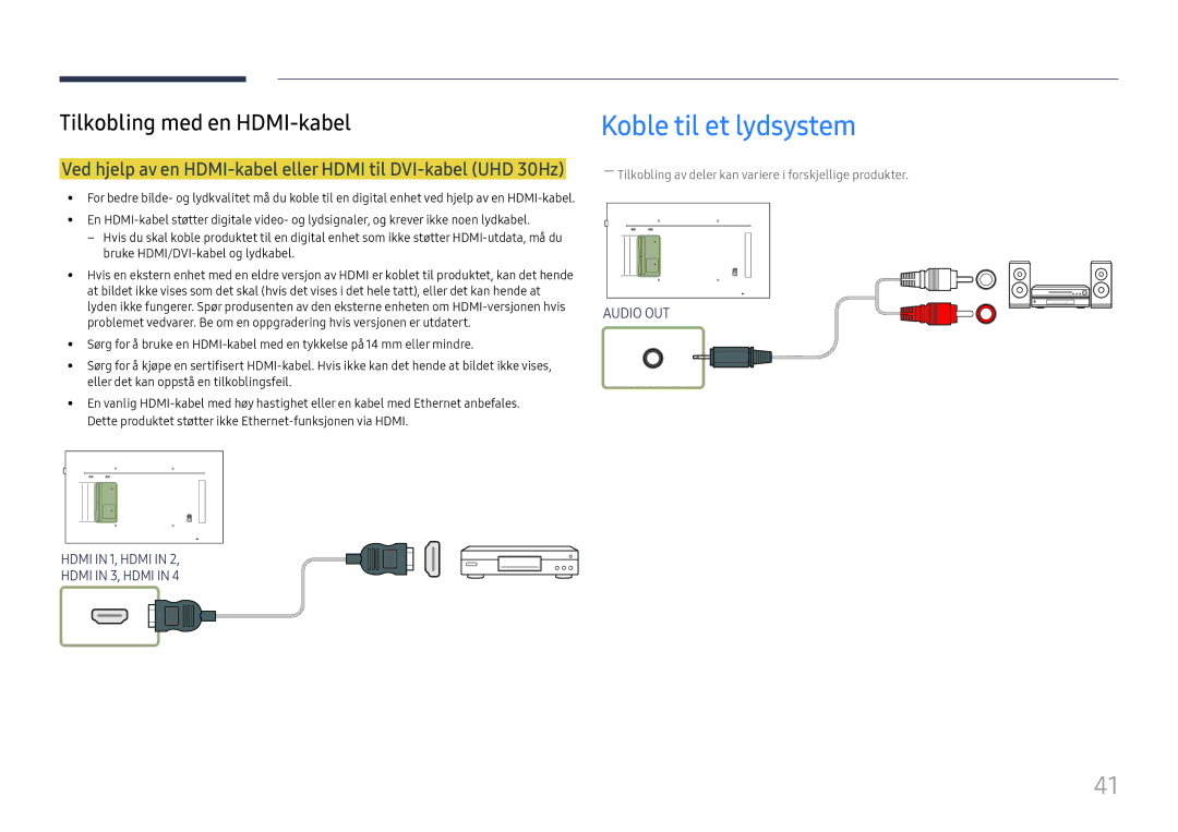 Samsung LH49QMFPLGC/EN manual Koble til et lydsystem, Ved hjelp av en HDMI-kabel eller Hdmi til DVI-kabel UHD 30Hz 