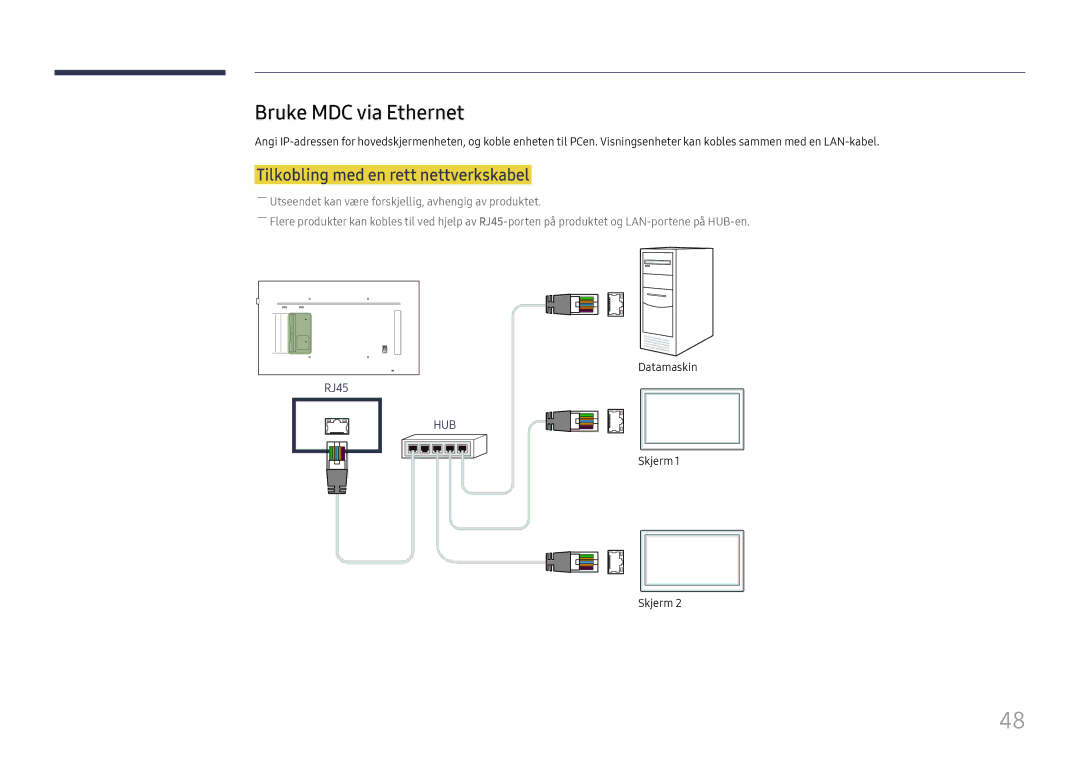 Samsung LH65QMFPLGC/EN, LH55QMFPLGC/EN, LH49QMFPLGC/EN manual Bruke MDC via Ethernet, Tilkobling med en rett nettverkskabel 