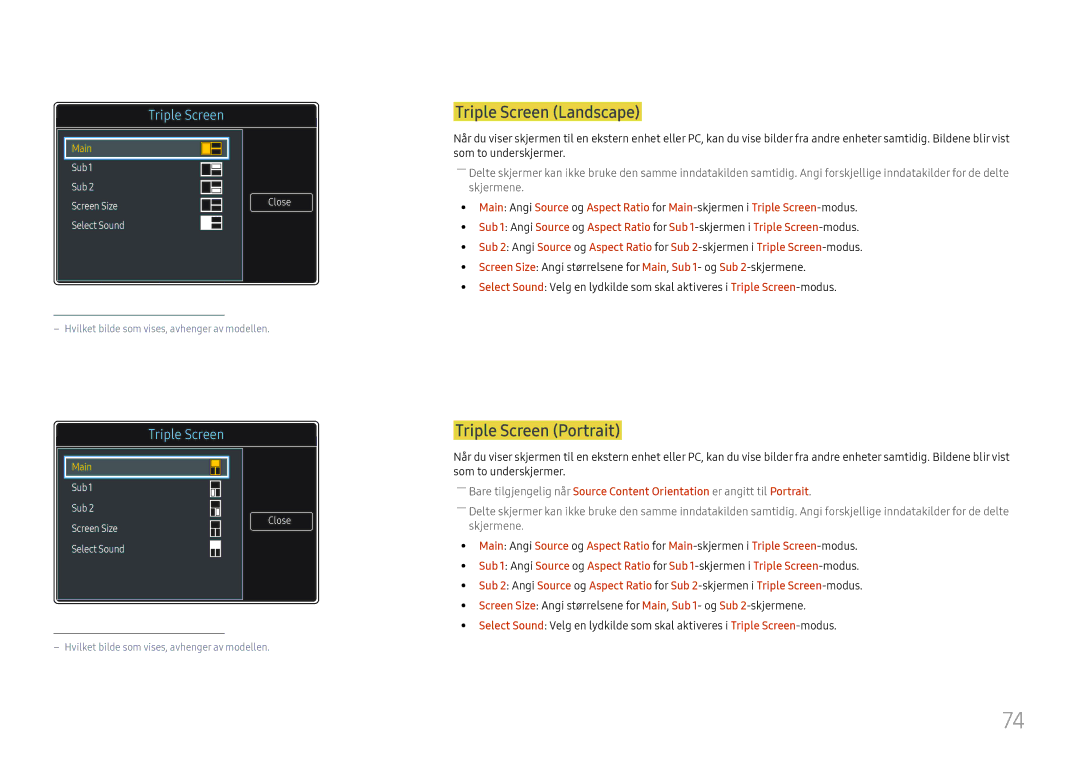 Samsung LH49QMFPLGC/EN, LH65QMFPLGC/EN, LH55QMFPLGC/EN manual Triple Screen Landscape, Triple Screen Portrait 