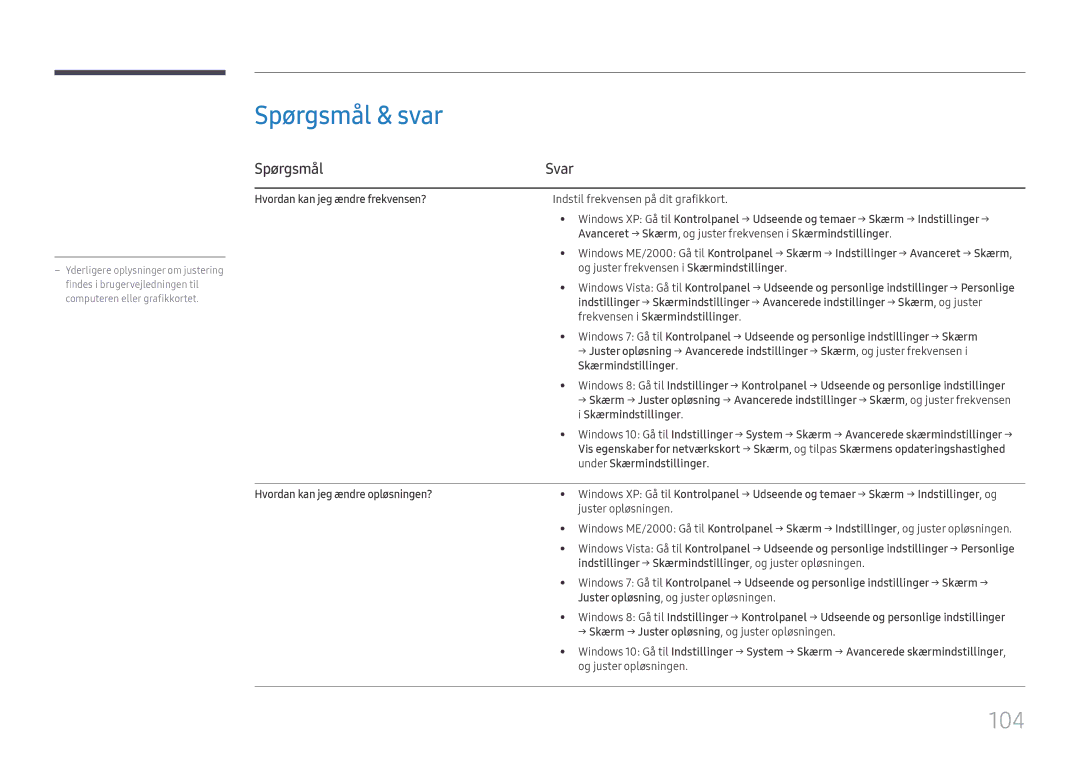 Samsung LH49QMFPLGC/EN, LH65QMFPLGC/EN, LH55QMFPLGC/EN manual Spørgsmål & svar, 104, Spørgsmål Svar 