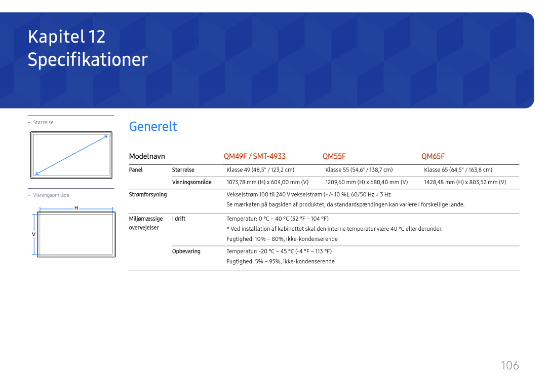 Samsung LH55QMFPLGC/EN, LH65QMFPLGC/EN, LH49QMFPLGC/EN manual Specifikationer, Generelt, 106 