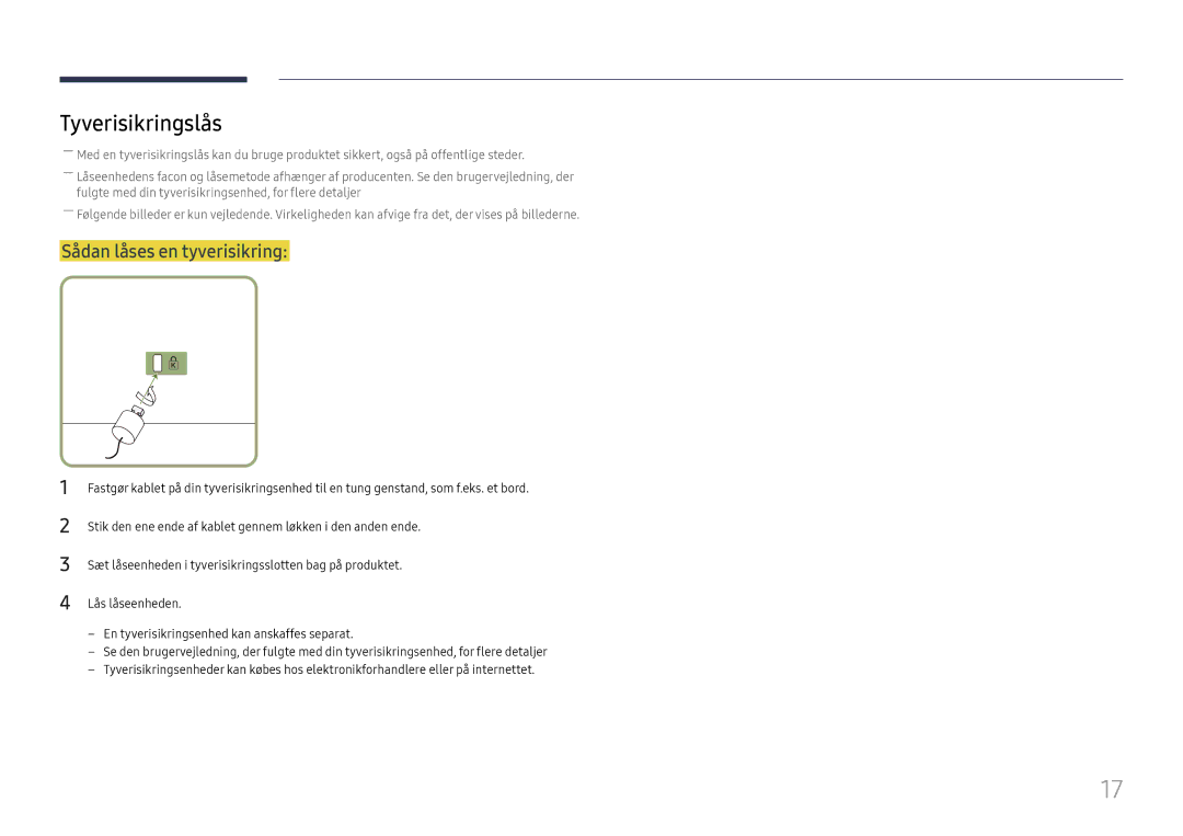 Samsung LH49QMFPLGC/EN, LH65QMFPLGC/EN, LH55QMFPLGC/EN manual Tyverisikringslås, Sådan låses en tyverisikring 