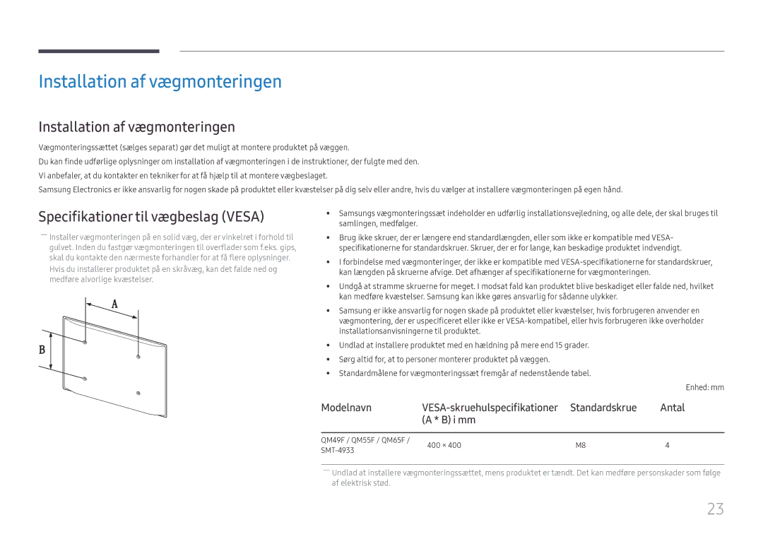 Samsung LH49QMFPLGC/EN, LH65QMFPLGC/EN manual Installation af vægmonteringen, Specifikationer til vægbeslag Vesa, Modelnavn 