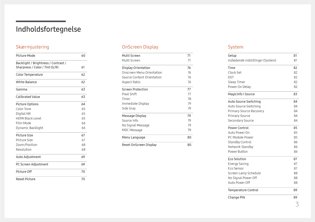 Samsung LH65QMFPLGC/EN, LH55QMFPLGC/EN, LH49QMFPLGC/EN manual Skærmjustering 