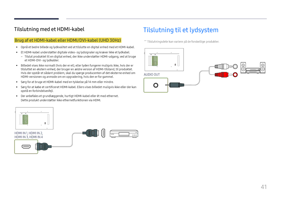 Samsung LH49QMFPLGC/EN, LH65QMFPLGC/EN Tilslutning til et lydsystem, Brug af et HDMI-kabel eller HDMI/DVI-kabel UHD 30Hz 