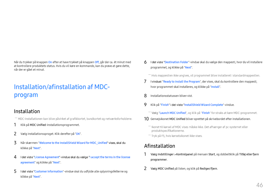 Samsung LH55QMFPLGC/EN manual Brug af MDC, Installation/afinstallation af MDC- program, Afinstallation, Programmer 