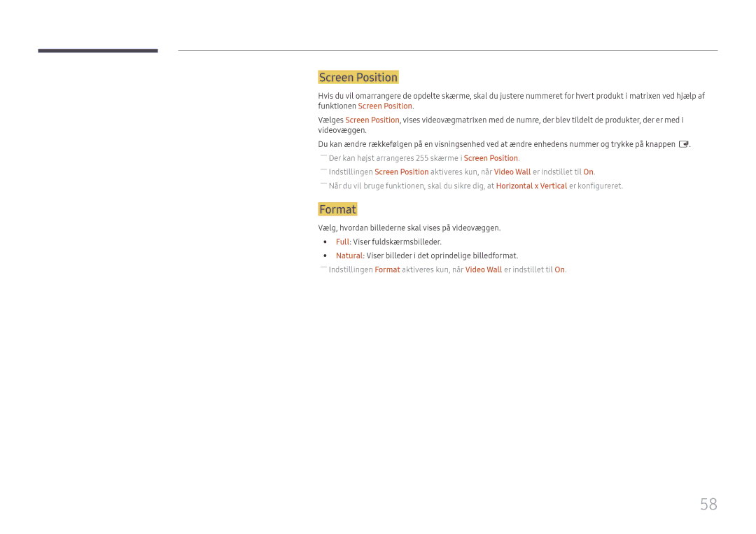 Samsung LH55QMFPLGC/EN, LH65QMFPLGC/EN, LH49QMFPLGC/EN manual Screen Position, Format 