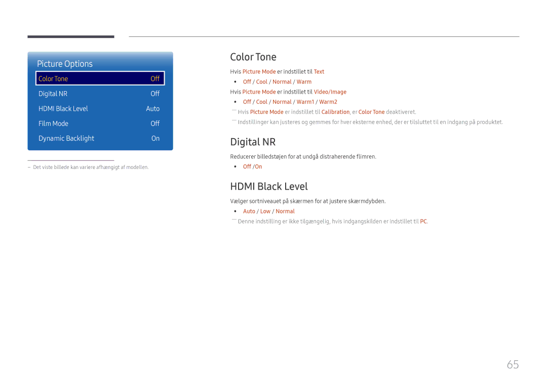 Samsung LH49QMFPLGC/EN, LH65QMFPLGC/EN manual Color Tone, Digital NR, Hdmi Black Level, Off /On, Auto / Low / Normal 