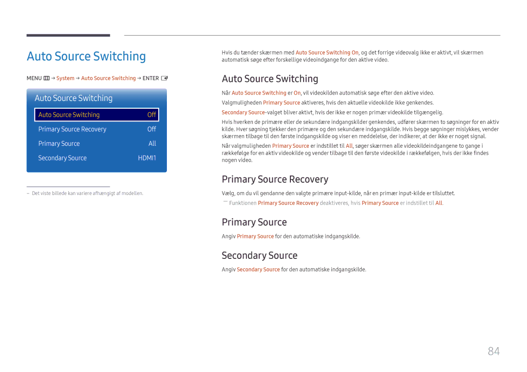 Samsung LH65QMFPLGC/EN, LH55QMFPLGC/EN, LH49QMFPLGC/EN Auto Source Switching, Primary Source Recovery, Secondary Source 