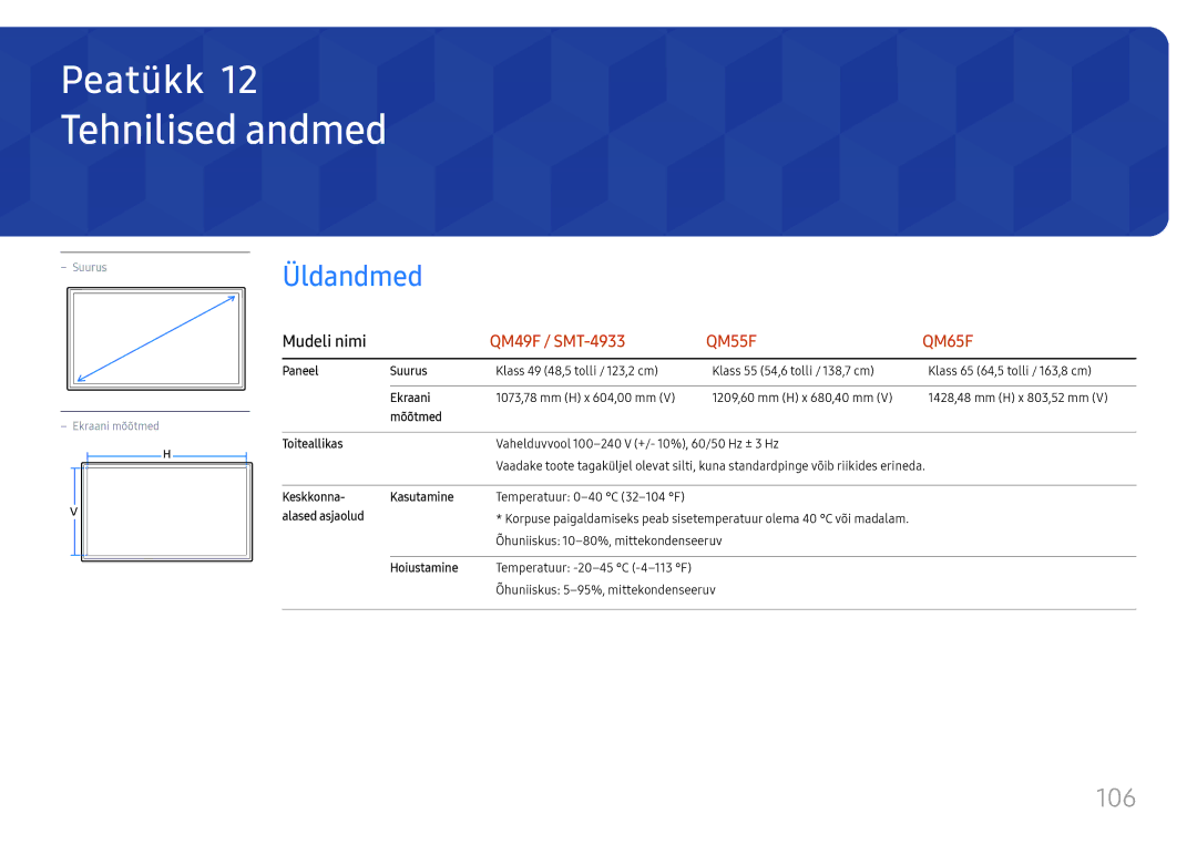 Samsung LH55QMFPLGC/EN, LH65QMFPLGC/EN, LH49QMFPLGC/EN manual Tehnilised andmed, Üldandmed 