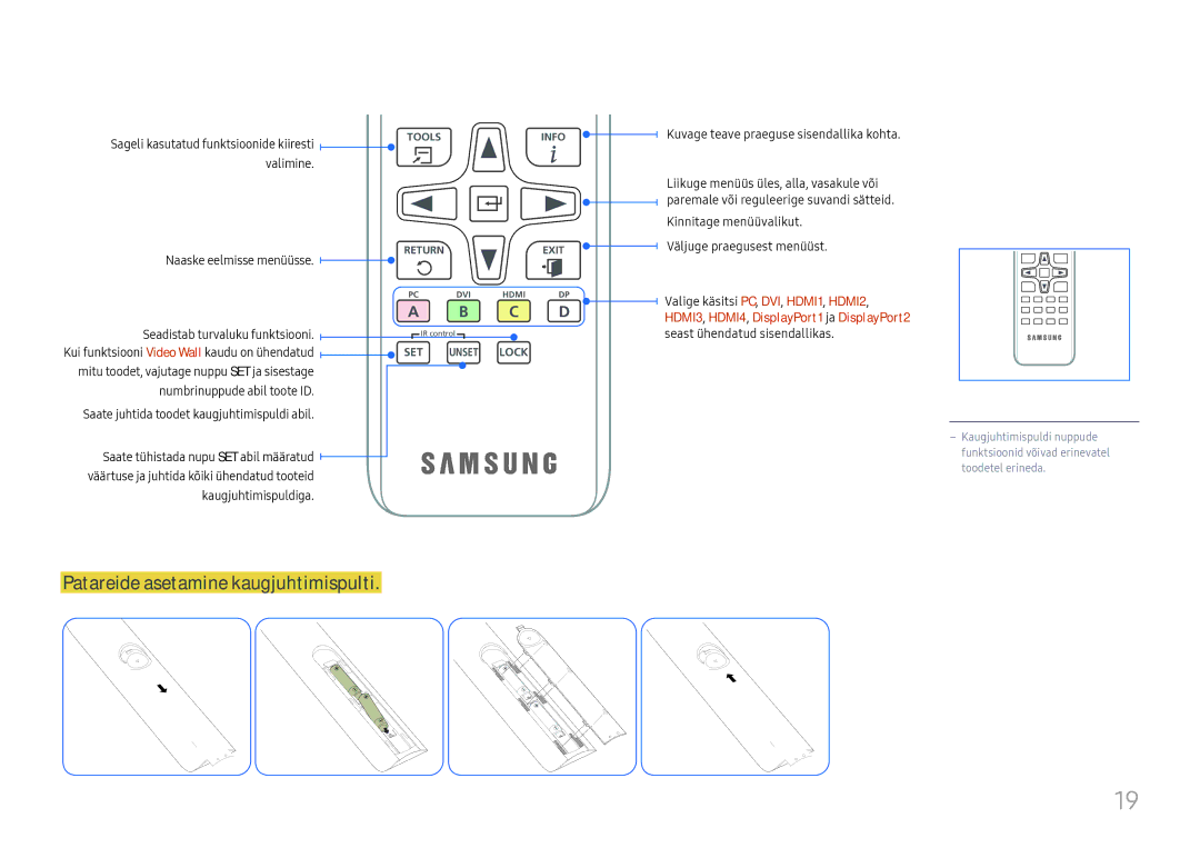 Samsung LH55QMFPLGC/EN, LH65QMFPLGC/EN, LH49QMFPLGC/EN manual Patareide asetamine kaugjuhtimispulti, Valimine 