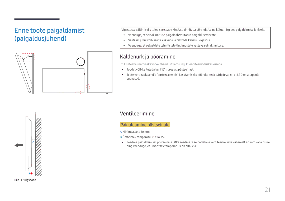 Samsung LH65QMFPLGC/EN manual Kaldenurk ja pööramine, Ventileerimine, Paigaldamine püstseinale, Pilt 1.1 Külgvaade 