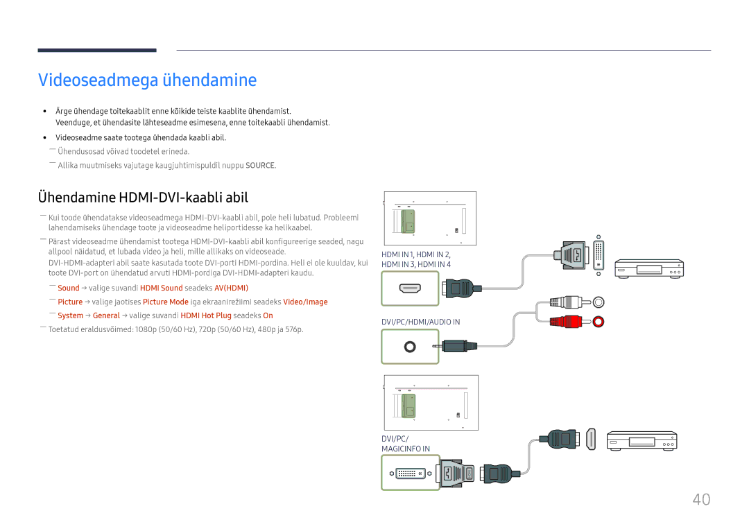 Samsung LH55QMFPLGC/EN, LH65QMFPLGC/EN manual Videoseadmega ühendamine, ――Sound → valige suvandi Hdmi Sound seadeks Avhdmi 