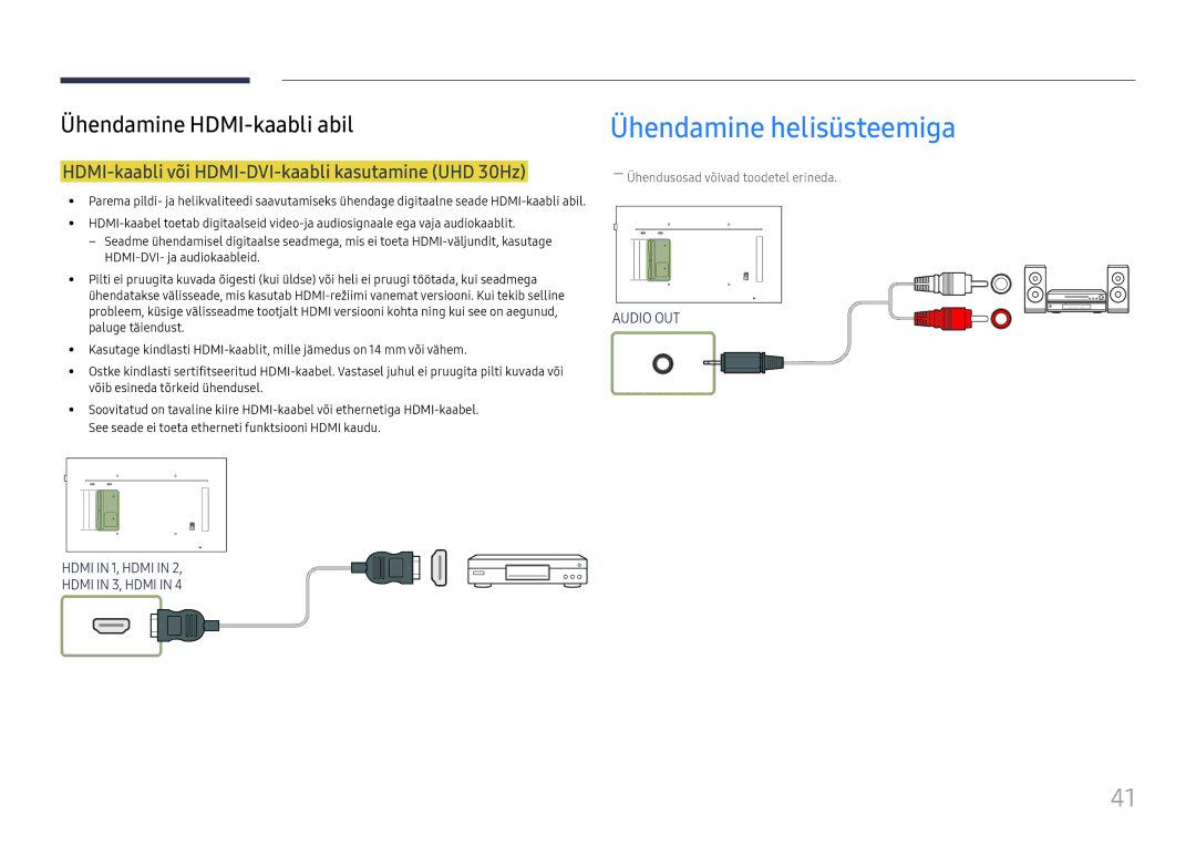 Samsung LH49QMFPLGC/EN, LH65QMFPLGC/EN manual Ühendamine helisüsteemiga, HDMI-kaabli või HDMI-DVI-kaabli kasutamine UHD 30Hz 