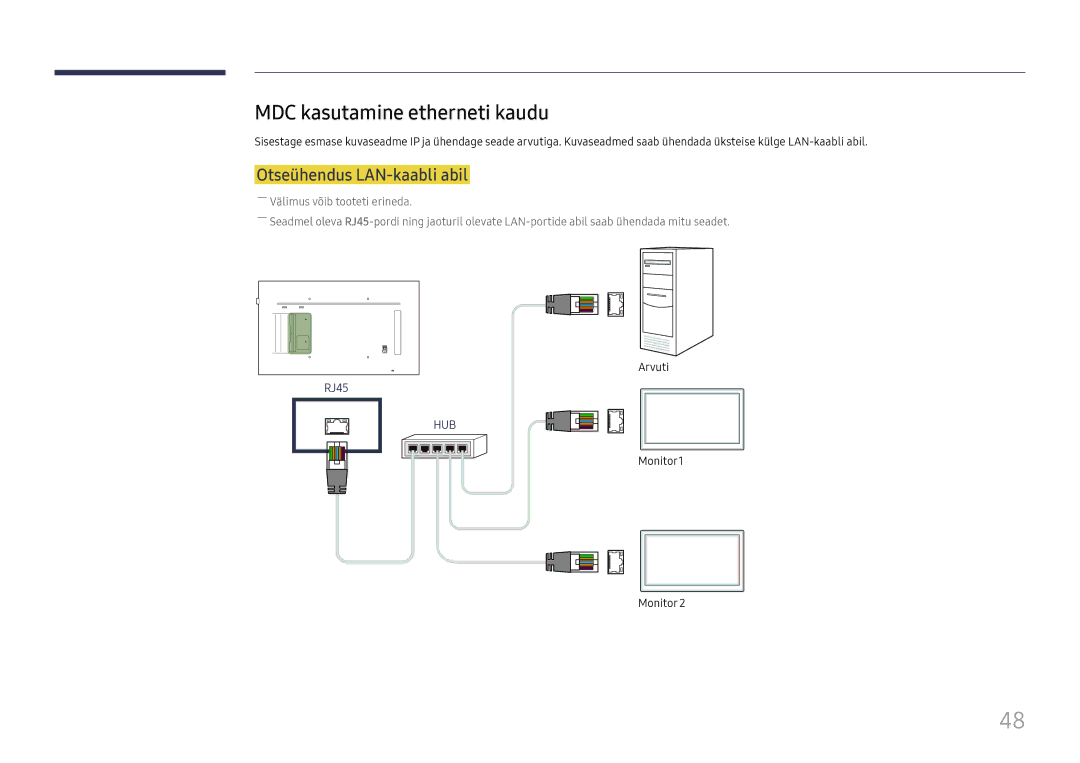 Samsung LH65QMFPLGC/EN, LH55QMFPLGC/EN, LH49QMFPLGC/EN manual MDC kasutamine etherneti kaudu, Otseühendus LAN-kaabli abil 