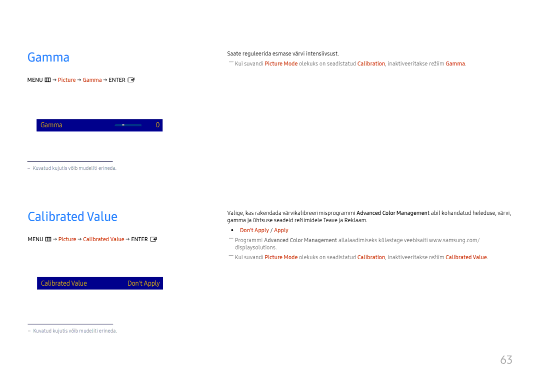 Samsung LH65QMFPLGC/EN, LH55QMFPLGC/EN manual Calibrated Value, Menu m → Picture → Gamma → Enter E, Dont Apply / Apply 