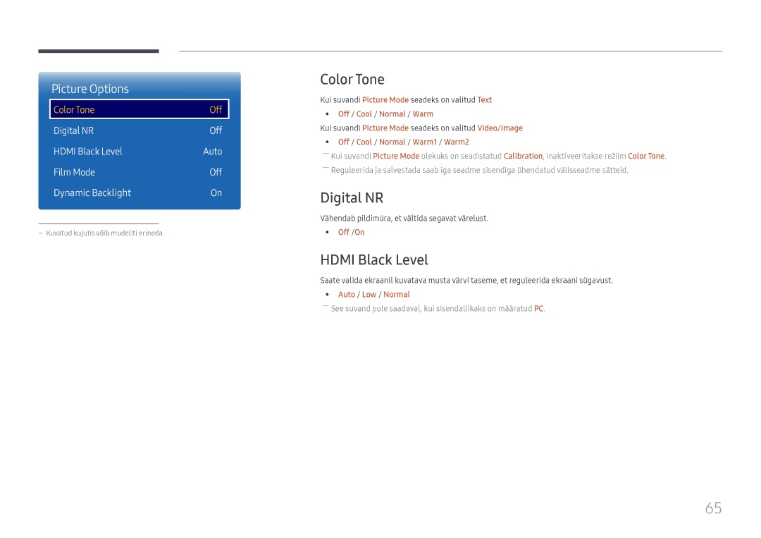 Samsung LH49QMFPLGC/EN, LH65QMFPLGC/EN, LH55QMFPLGC/EN manual Color Tone, Digital NR, Hdmi Black Level 