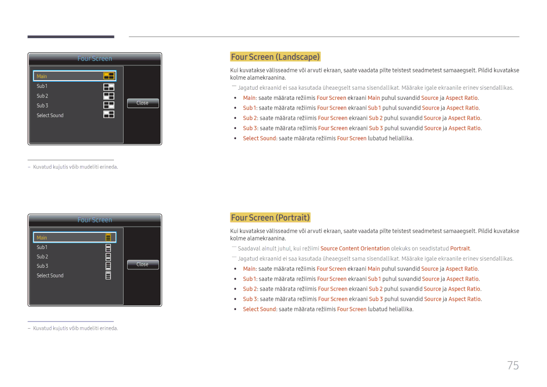 Samsung LH65QMFPLGC/EN, LH55QMFPLGC/EN, LH49QMFPLGC/EN manual Four Screen Landscape, Four Screen Portrait 