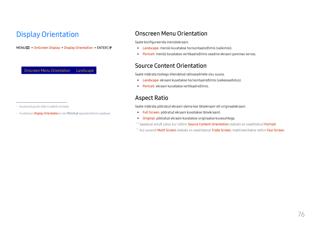 Samsung LH55QMFPLGC/EN manual Display Orientation, Onscreen Menu Orientation, Source Content Orientation, Aspect Ratio 