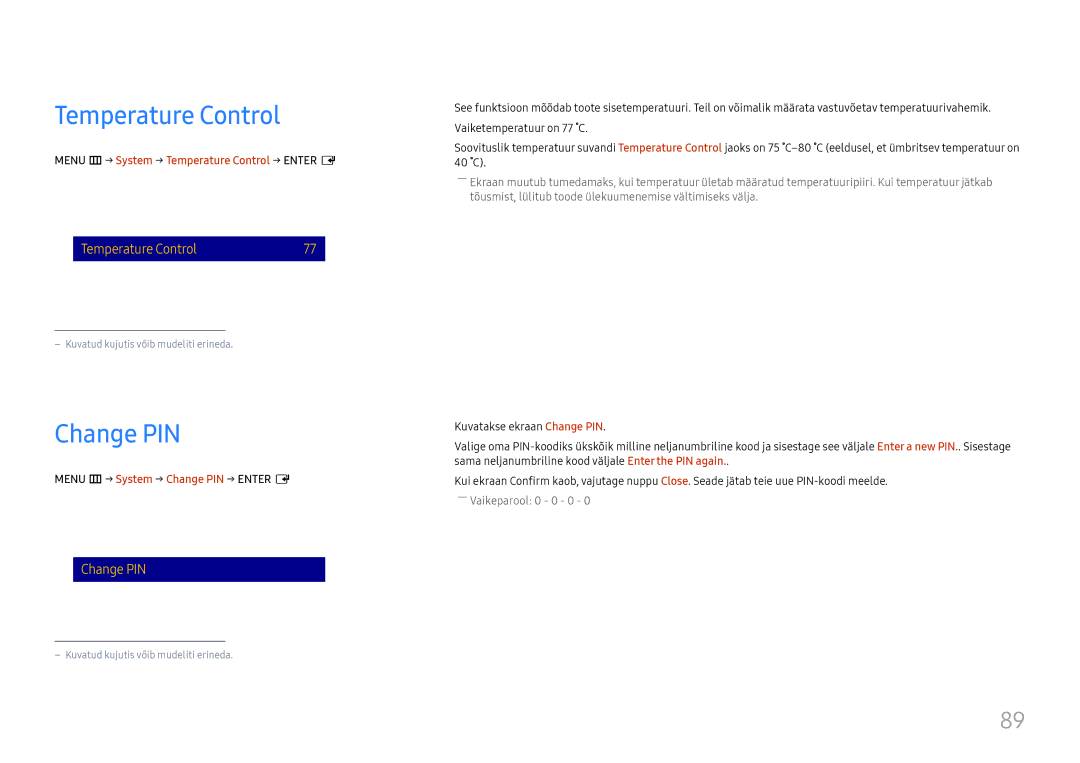 Samsung LH49QMFPLGC/EN, LH65QMFPLGC/EN, LH55QMFPLGC/EN manual Change PIN, Menu m → System → Temperature Control → Enter E 