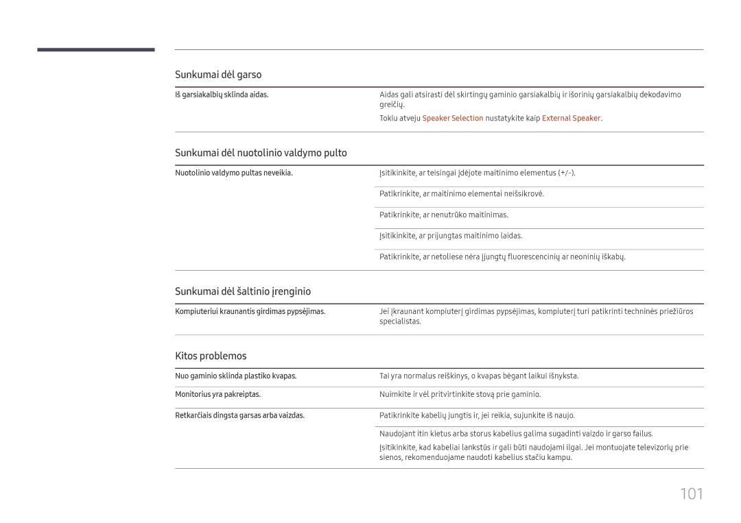 Samsung LH49QMFPLGC/EN manual Sunkumai dėl nuotolinio valdymo pulto, Sunkumai dėl šaltinio įrenginio, Kitos problemos 